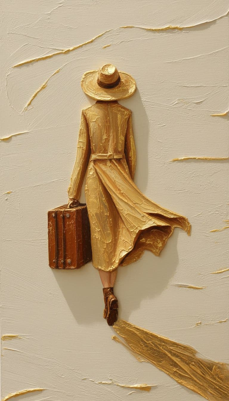 AI generated: Elegant  oil painting in high relief, portraying a solitary woman walking slowly while holding a sma...