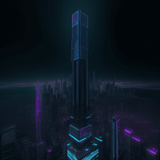 AI generated: The surrounding environment is a dark, neon-lit cityscape, with towering skyscrapers and flickering ...