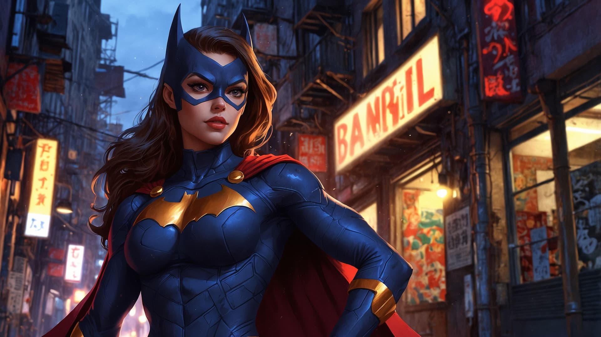 AI generated: Highly detailed digital illustration of a female superhero, Batgirl, walking confidently through a d...
