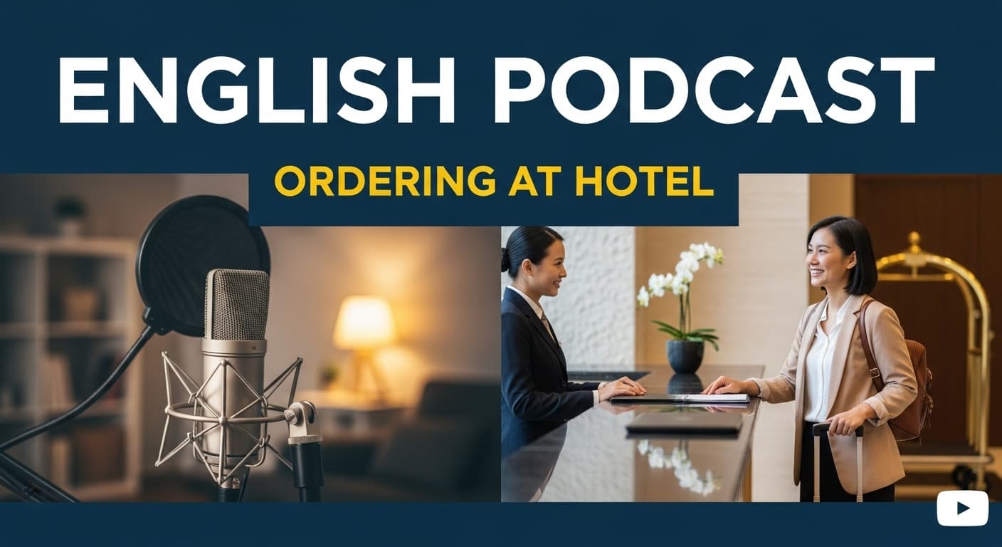 AI generated: Youtube thumbnail for english podcast video with title"english podcast" topic about ordering at hote...