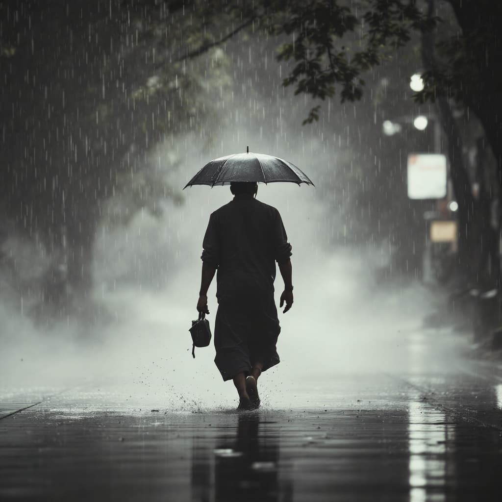 AI generated: Indian man walking heavy rain 