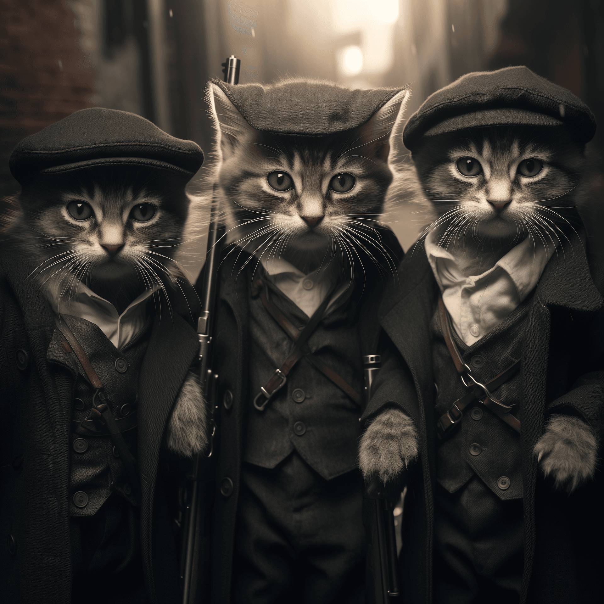 AI generated: kittens as a street gang members, holding weapons with their paws, acting like humans, Peaky Blinder...