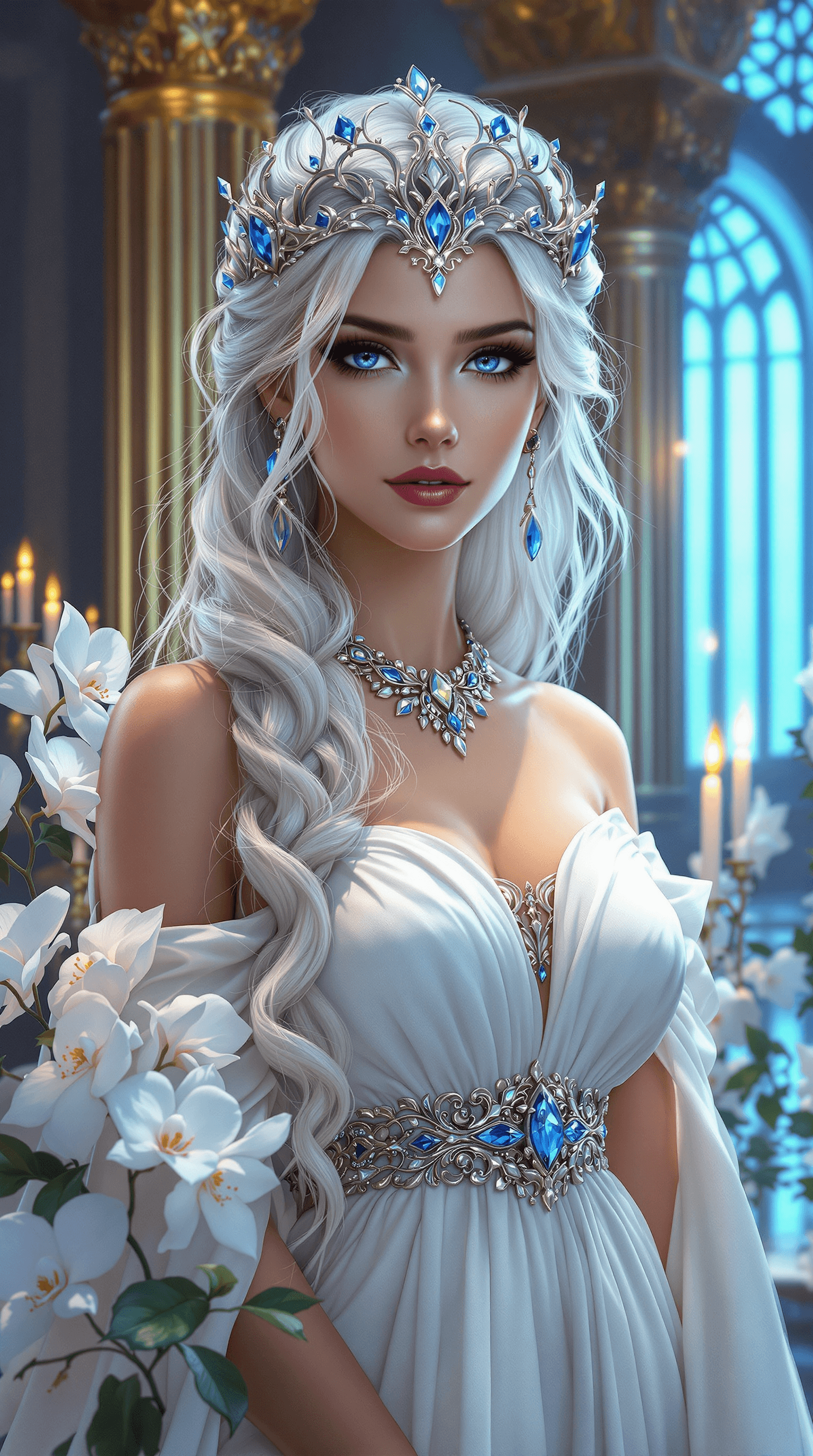 AI generated: A regal queen with long, silver-white hair cascading in a loose braid over her shoulder, adorned wit...