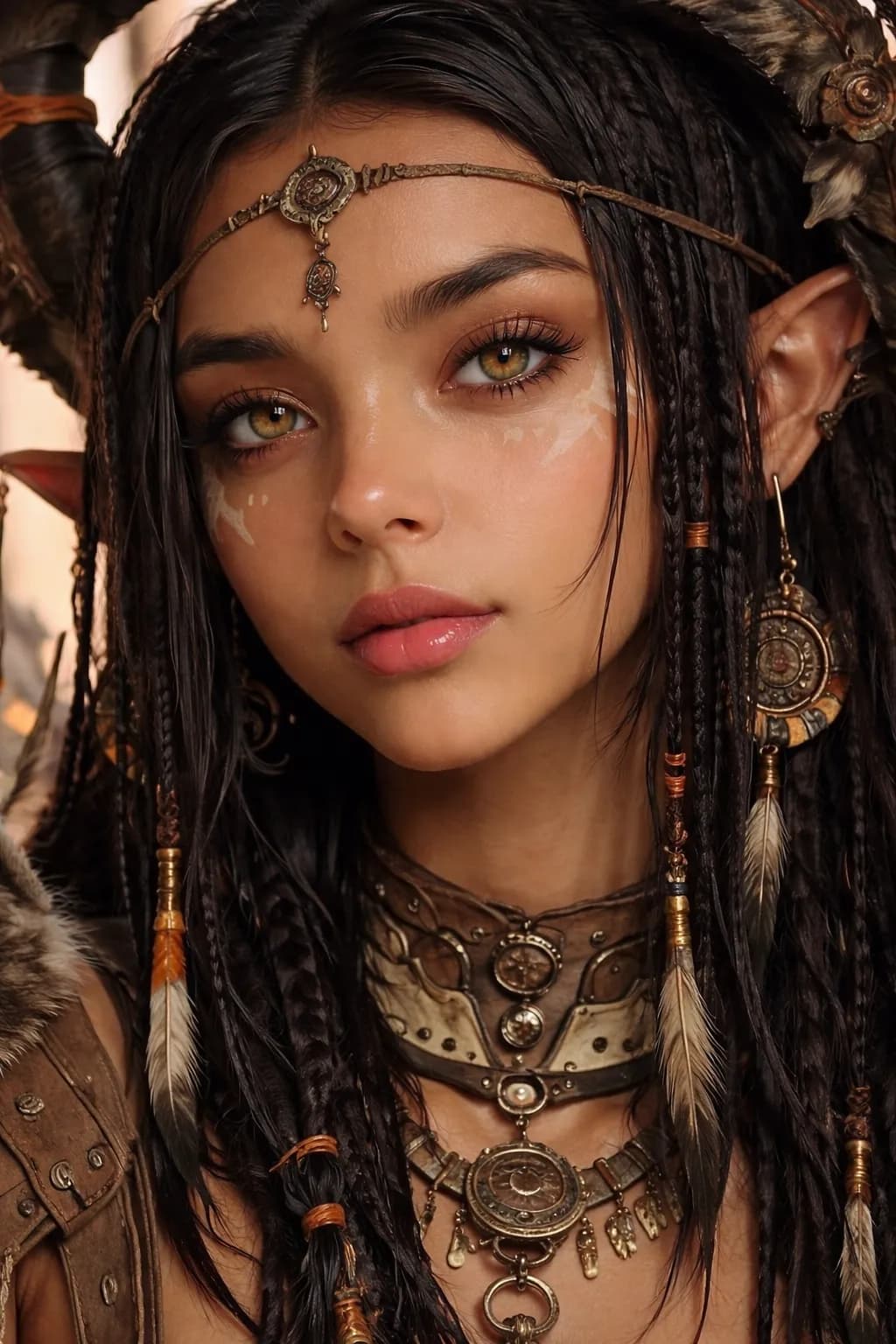 AI generated: A portrait of a young, ethno-ambiguous female with pointed elf-like ears and large, expressive golde...