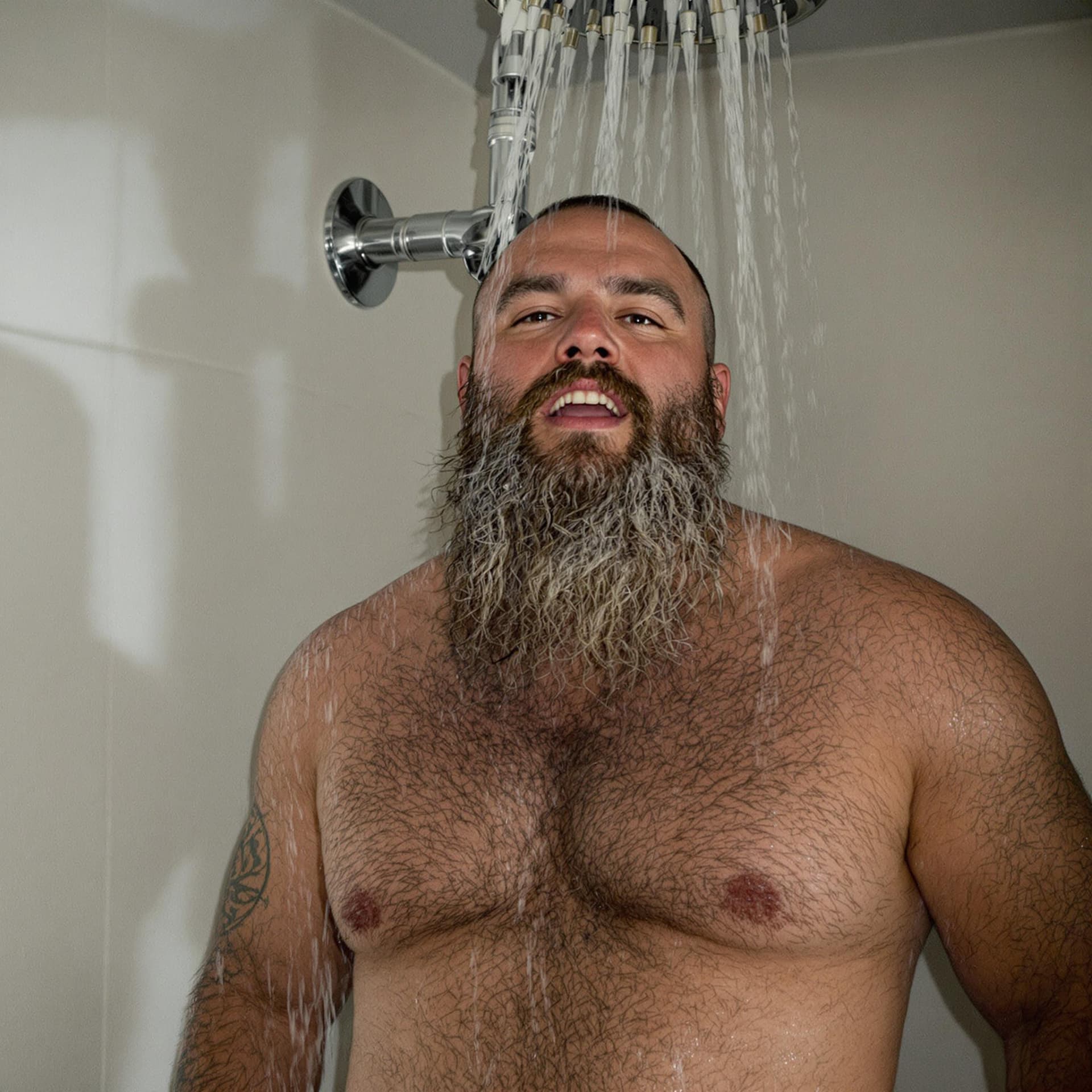 AI generated: a Caucasian construction worker, long bearded rugged 45 year old man, beefy, chubby man, hairy chest...