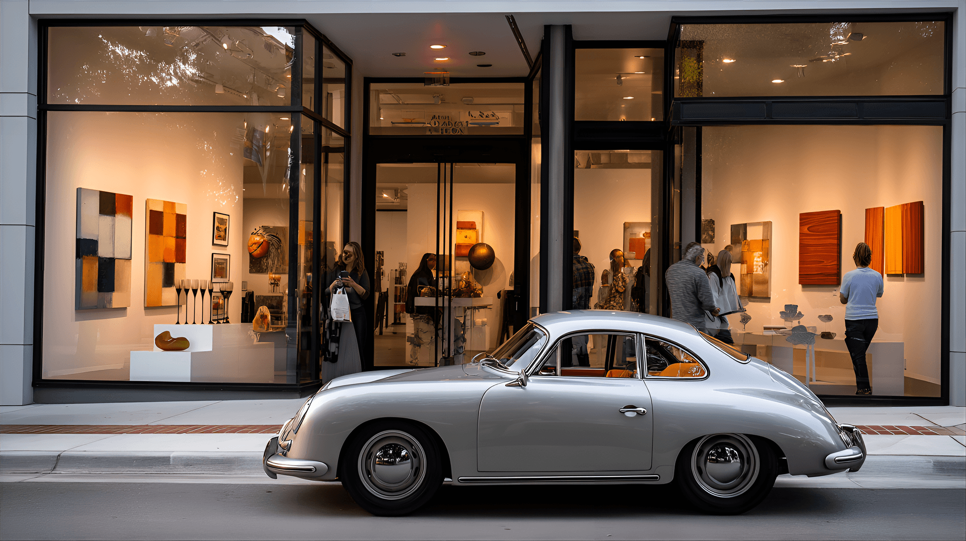 AI generated: classic porsche 356 outside high-end art gallery, modern sculptures visible through windows, fashion...