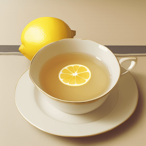 AI generated: Photo of a lemon on the table with a cup of tea, children's hand-drawn picture