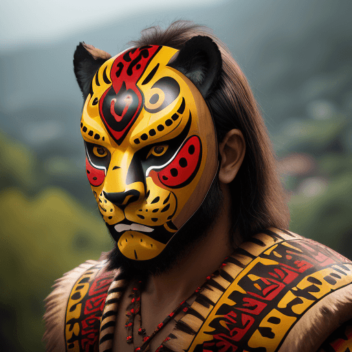 AI generated: man with jaguar warrior helmet mask with jaguar-style spots, wooden mask, fine wood details, zoque i...