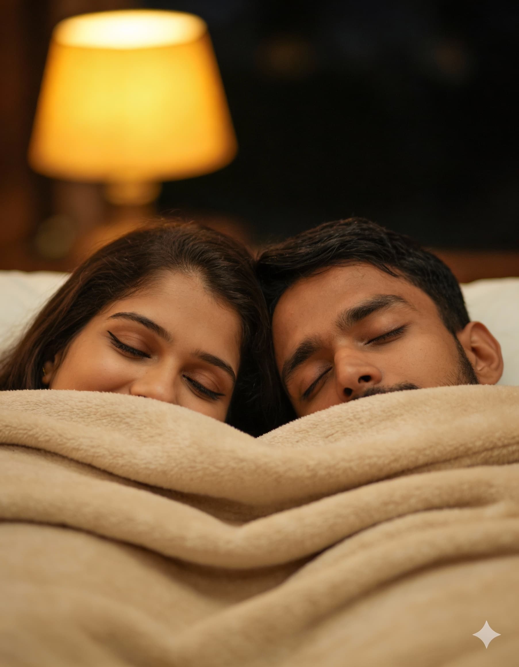 AI generated: Romantic couple lying on bed at night, fully covered with blanket till neck, only faces showing, pea...