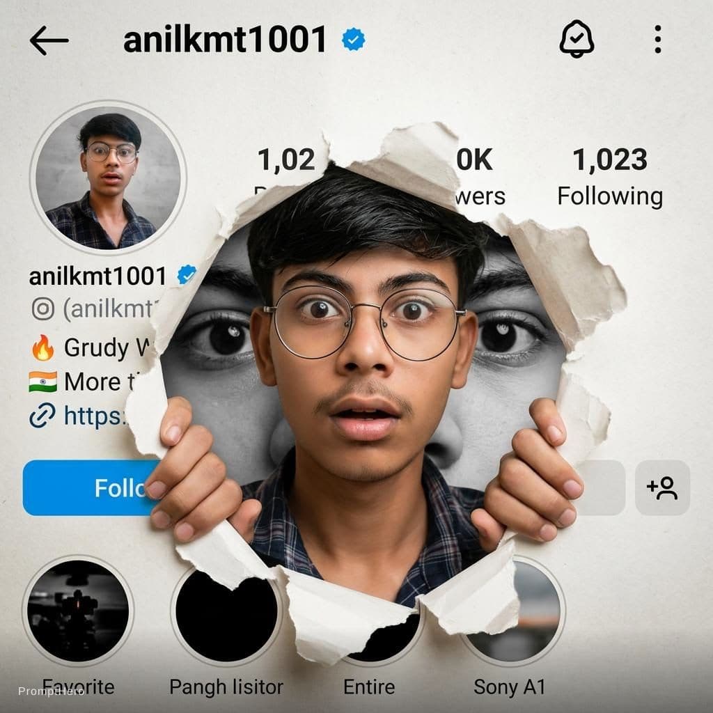 AI generated: A creative 3D photo manipulation of a social media profile interface, featuring a surprised young me...