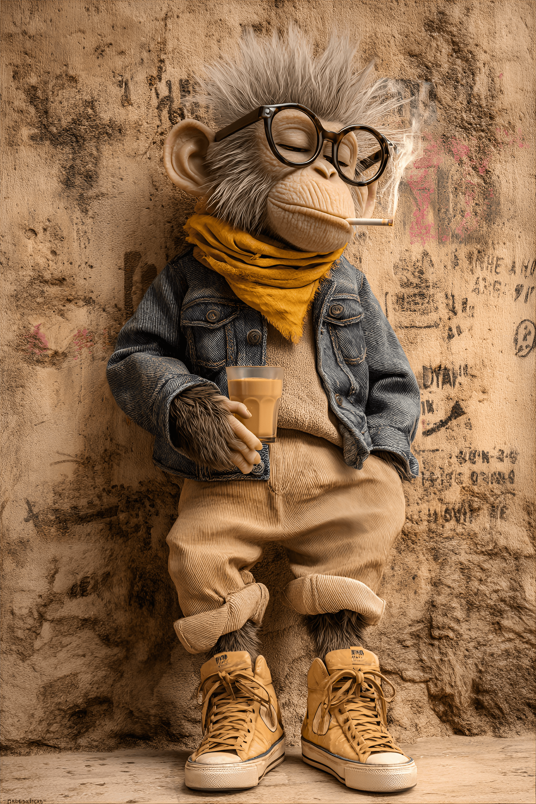 AI generated: anthropomorphic monkey stands slightly off-center against a textured, weathered wall with graffiti. ...
