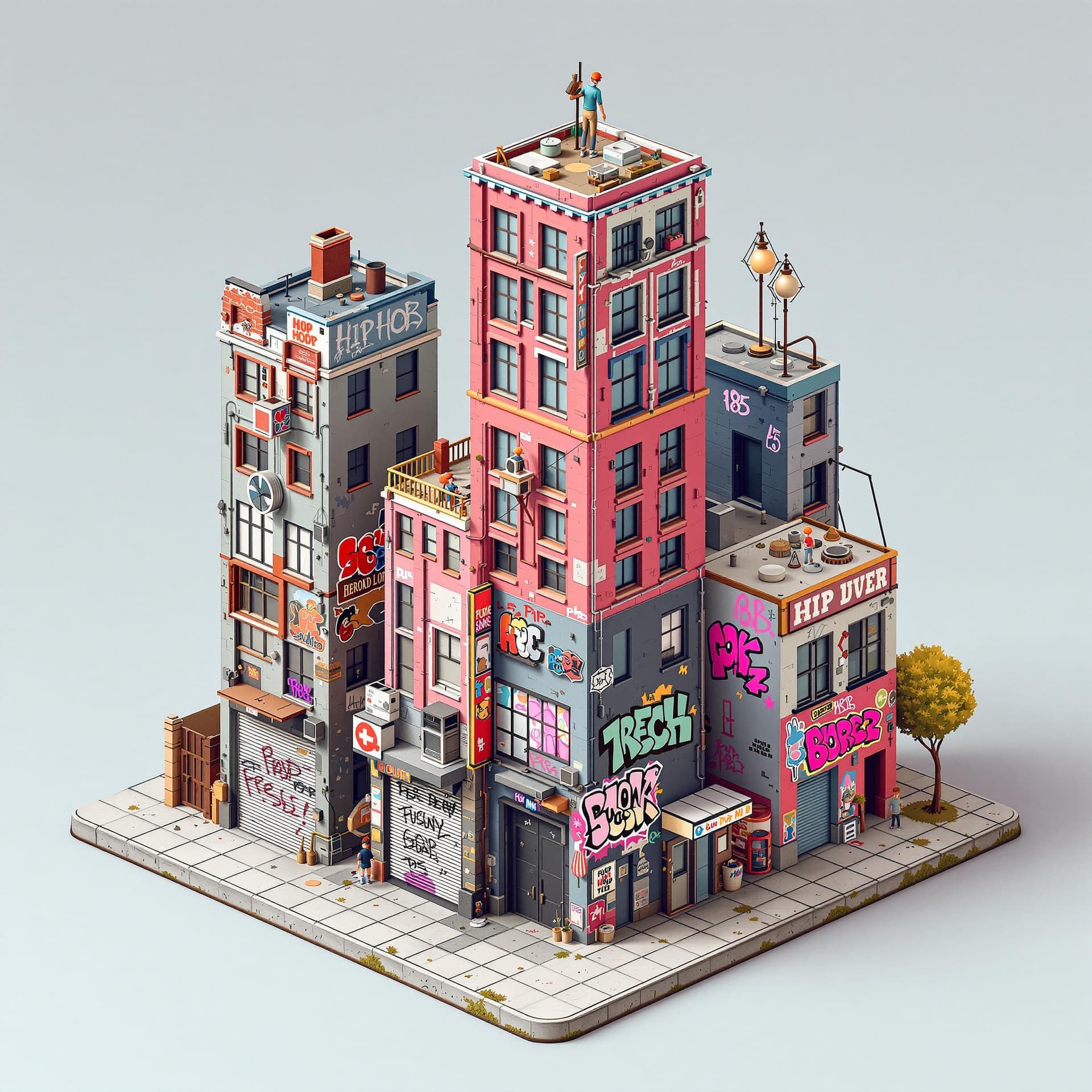 AI generated: 3d illustration hip hop urban buildings and with a little graffiti walls