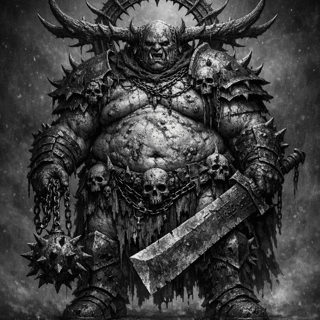 AI generated: A towering grotesque warlord stands in a perfectly centered, symmetrical composition, depicted at he...