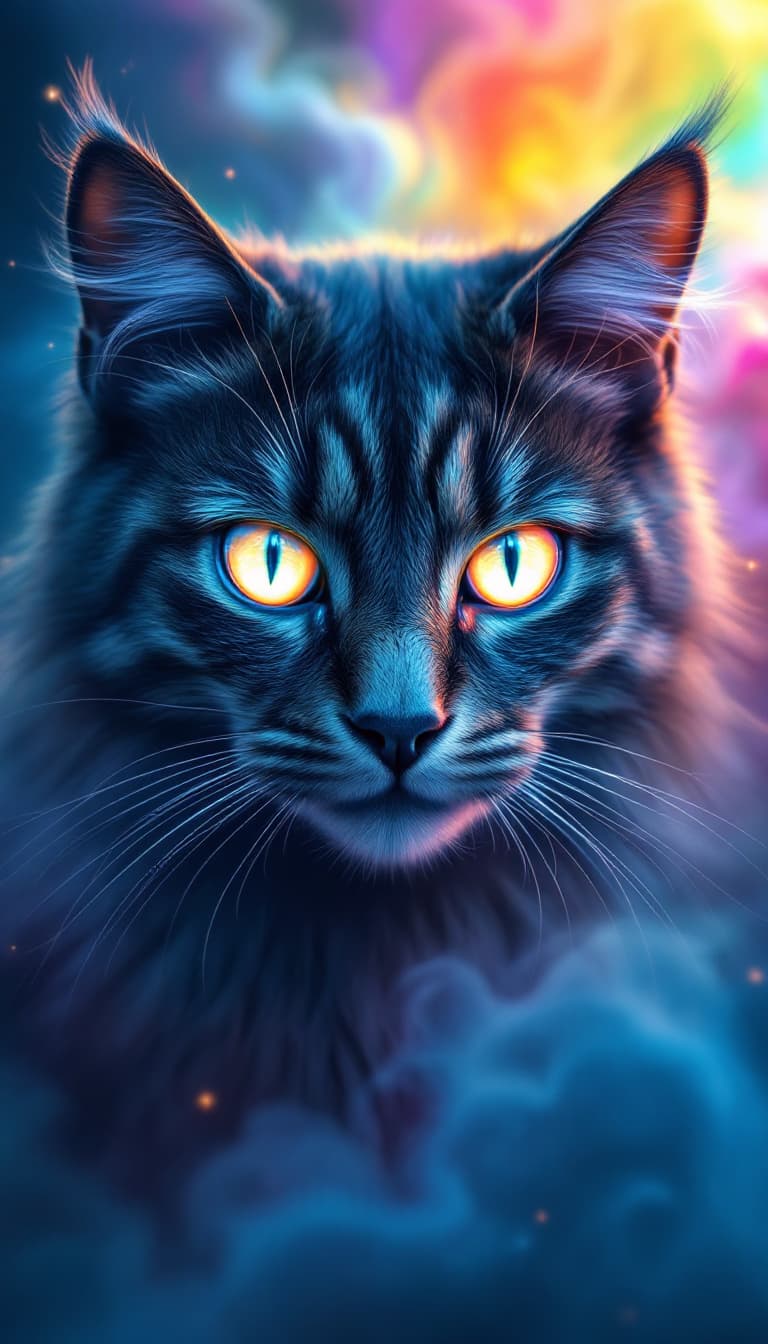 AI generated: Close-up of a giant cat's face with glowing sapphire eyes. The background shows swirling rainbow fog...