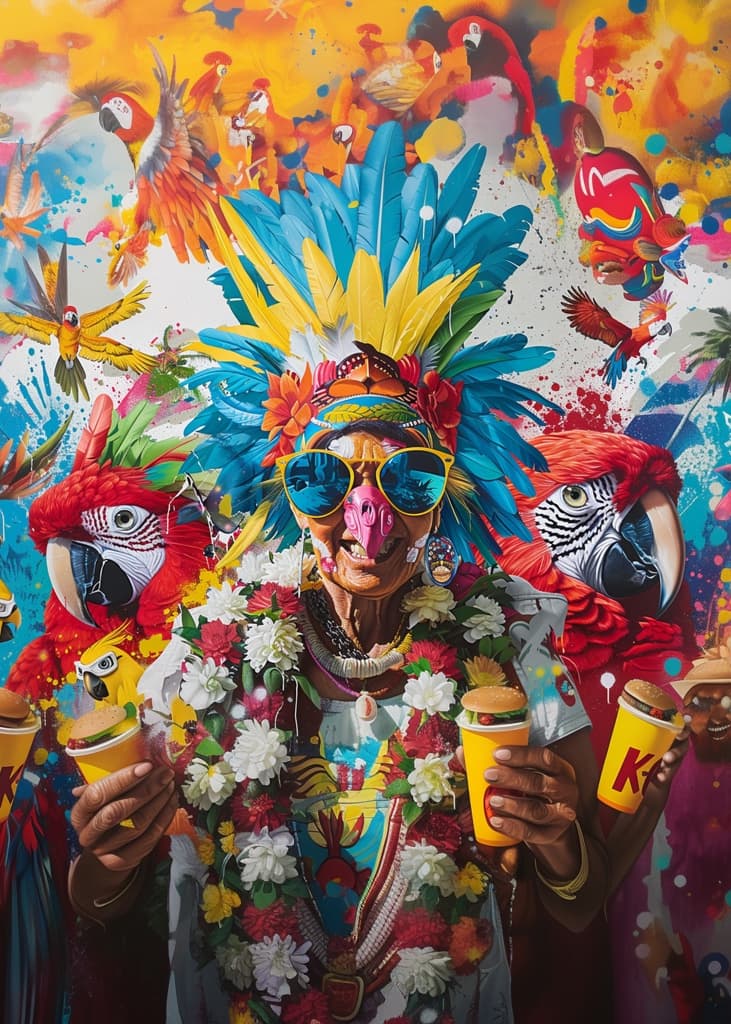 AI generated: A large, colorful painting depicting M忮 Takis as the main character in KFC's marketing campaign with...