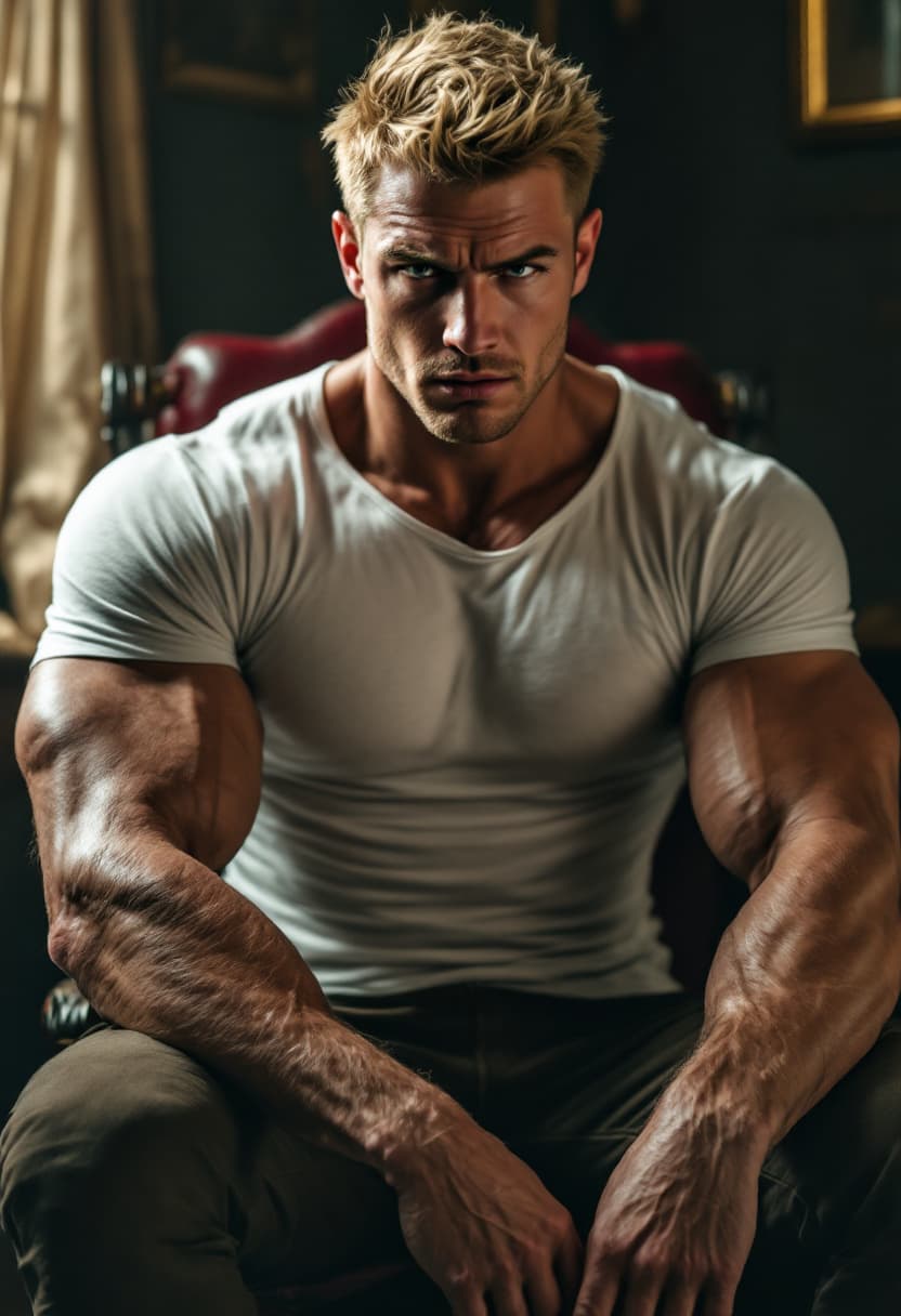 AI generated: photorealistic, very tight tee-shirt, ashamed young man, looking at camera, huge muscles, short blon...