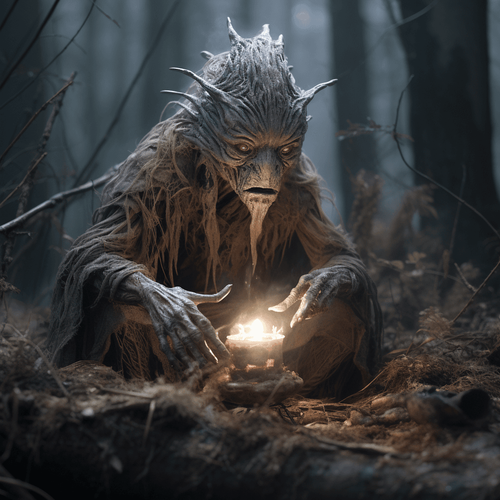 AI generated: full body of crawling creature found in the middle of a forest clearing, wide shot, snow on the grou...