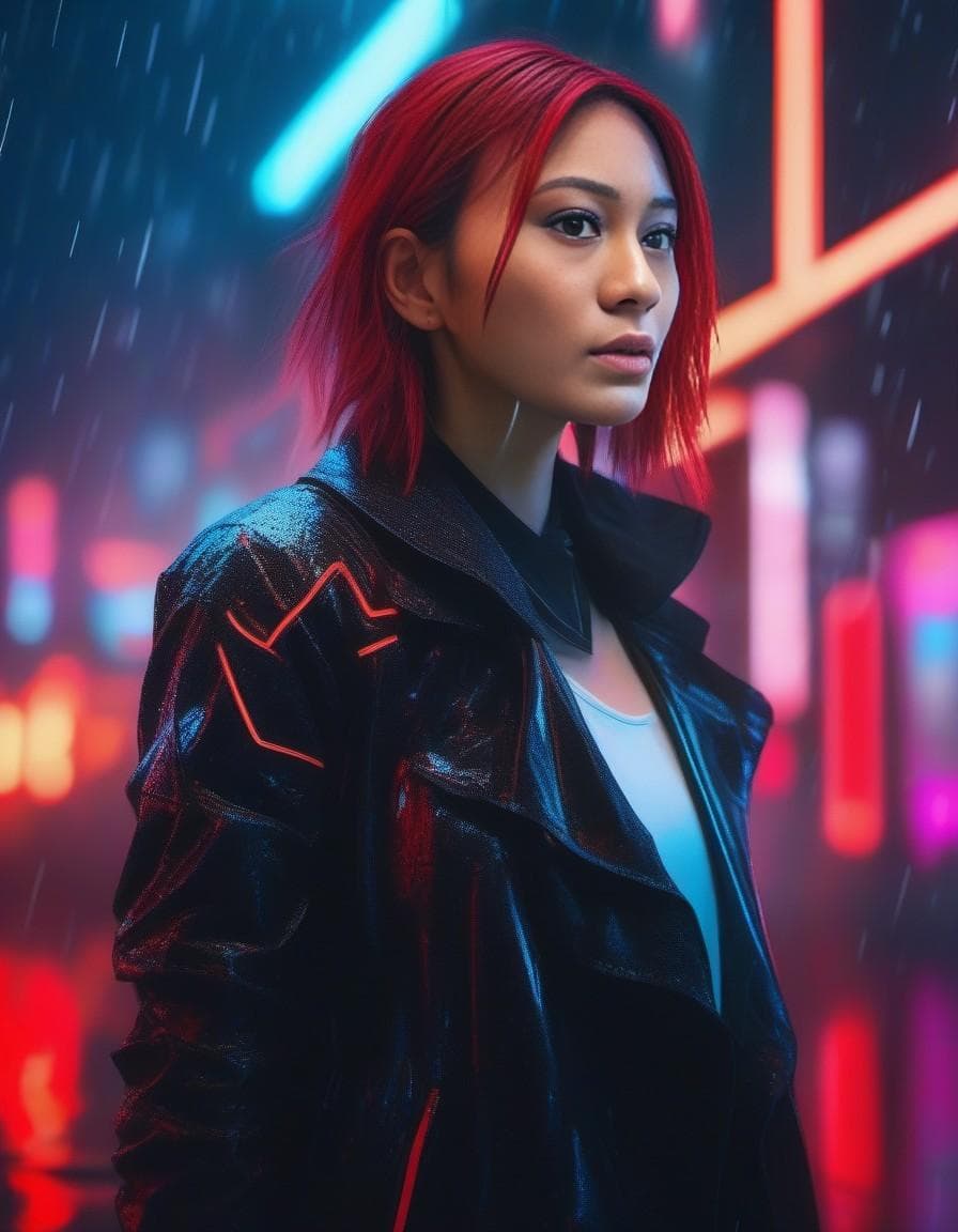AI generated: cyberpunk woman with red hair looking up, raining, wearing a black suit, neon lights, vivid lights, ...