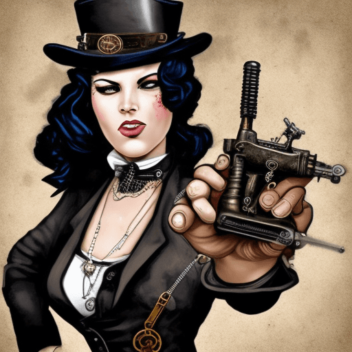 AI generated: gangster woman, steampunk hand, tommy gun