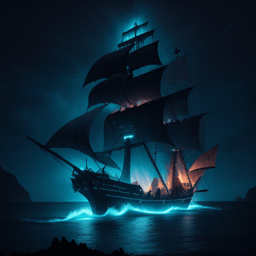 AI generated: (Pirate ship sailing into a bioluminescence sea with a galaxy in the sky), epic, 4k, ultra,