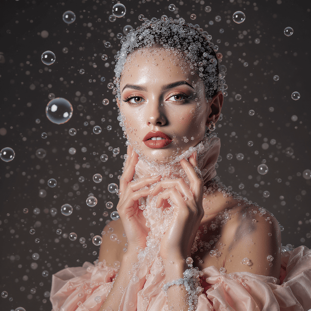 AI generated: fashion editorial photo of a model with a lot of bubbles in light pink evening dress poses in photos...