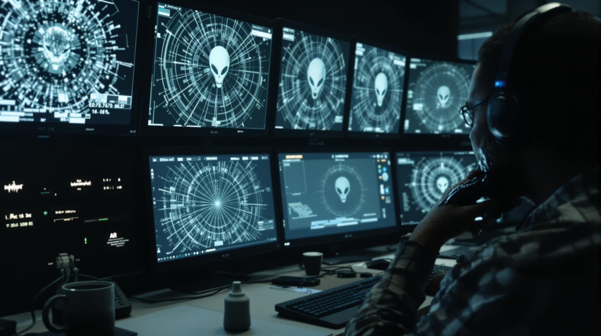 AI generated: Underground hacker group decoding alien signals, screens showing fractal patterns, one member vomiti...