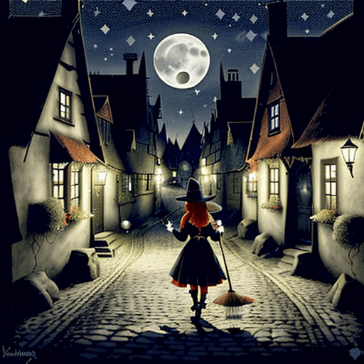 AI generated: A little red-haired witch wearing a witchhat and holding a broom stick in her left hand is walking a...