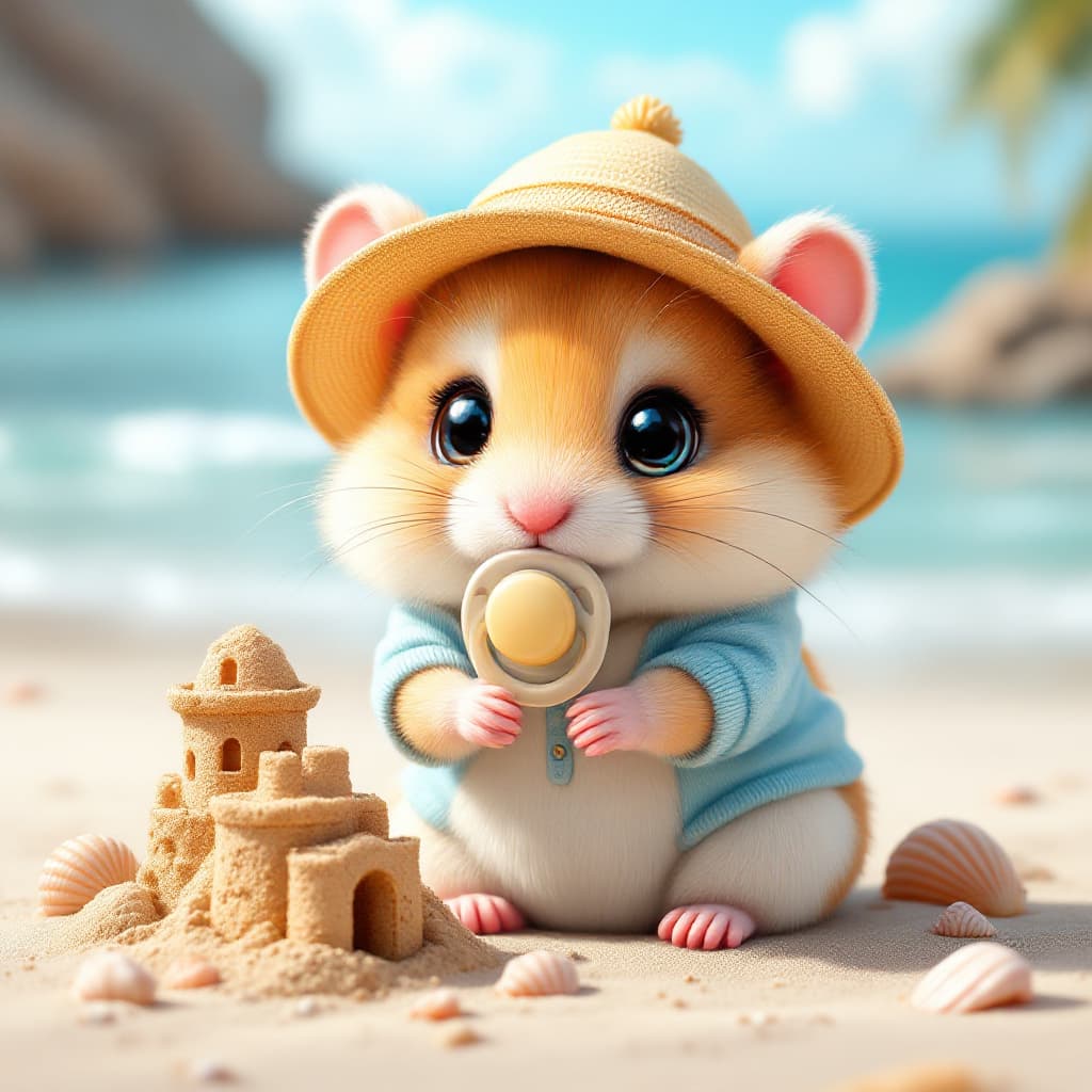 AI generated: A super cute cartoon-style baby hamster sitting on a sunny beach, wearing a light blue baby onesie a...