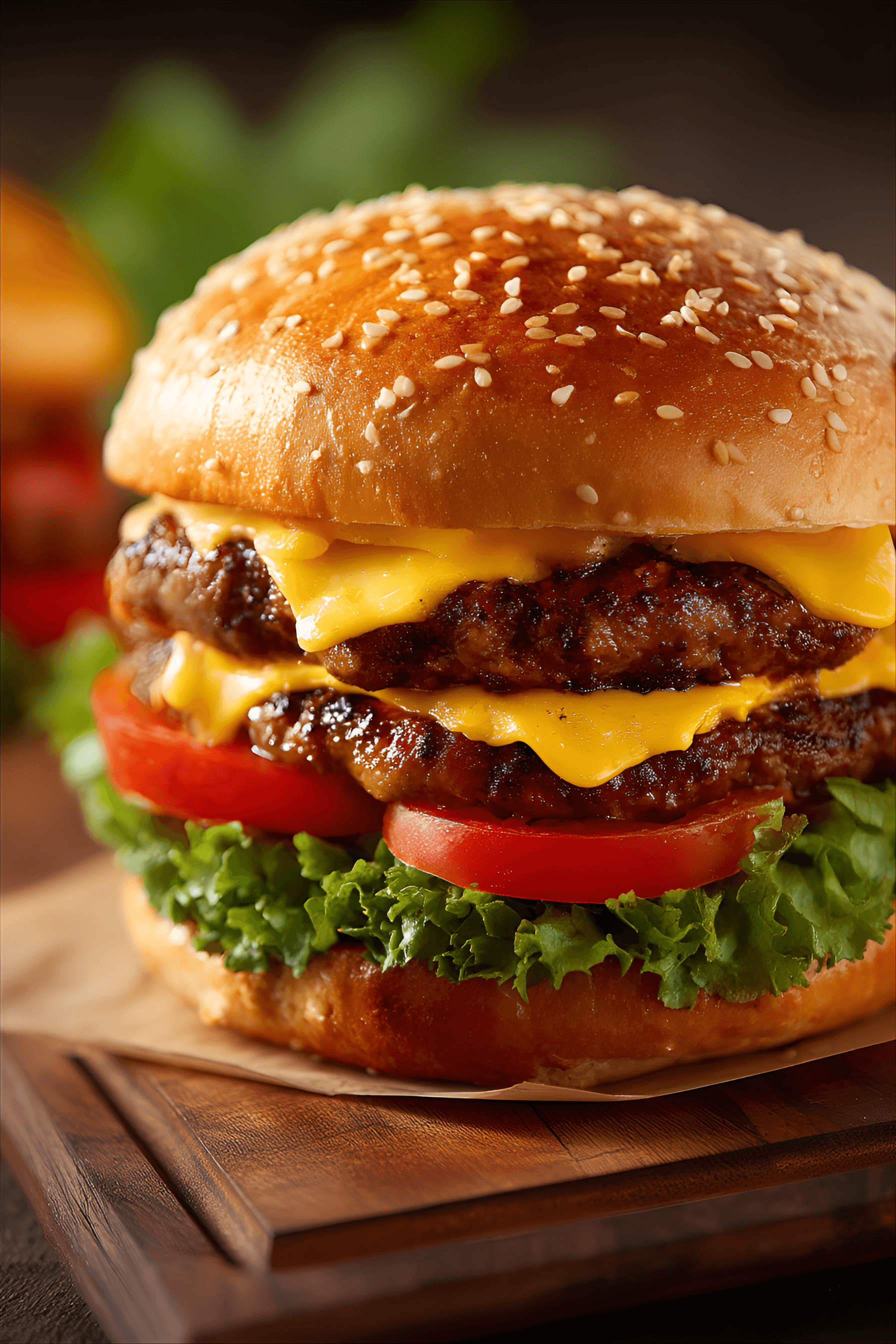 AI generated: Close-up double cheeseburger, golden-brown sesame seed bun, melted cheddar cheese, juicy double patt...