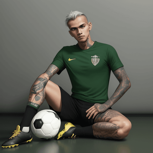 AI generated: a soccer man in green shirt with his arms folded against , in the style of tattoo, full body, soccer...