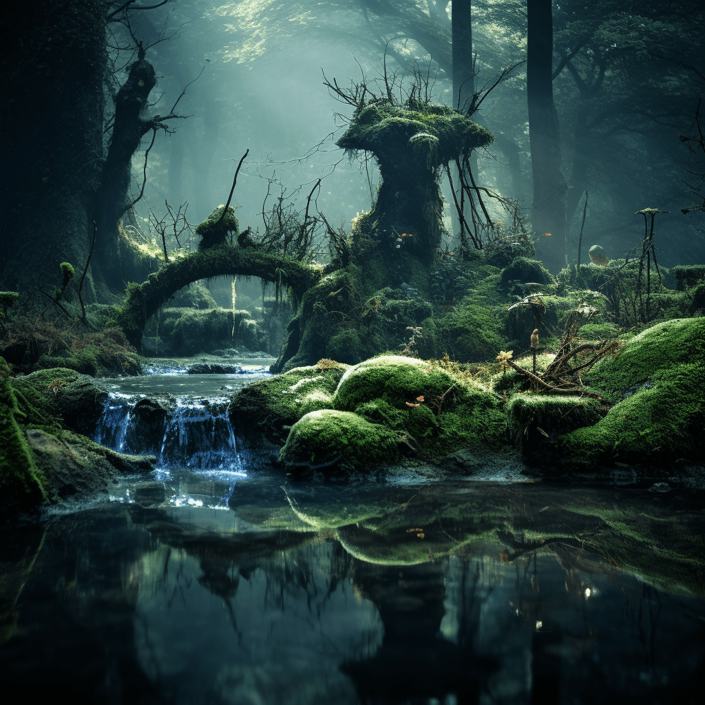 AI generated: blue moss in the forest, in the style of matthias grünewald, organic form, kazimierz dąbrowski, sver...