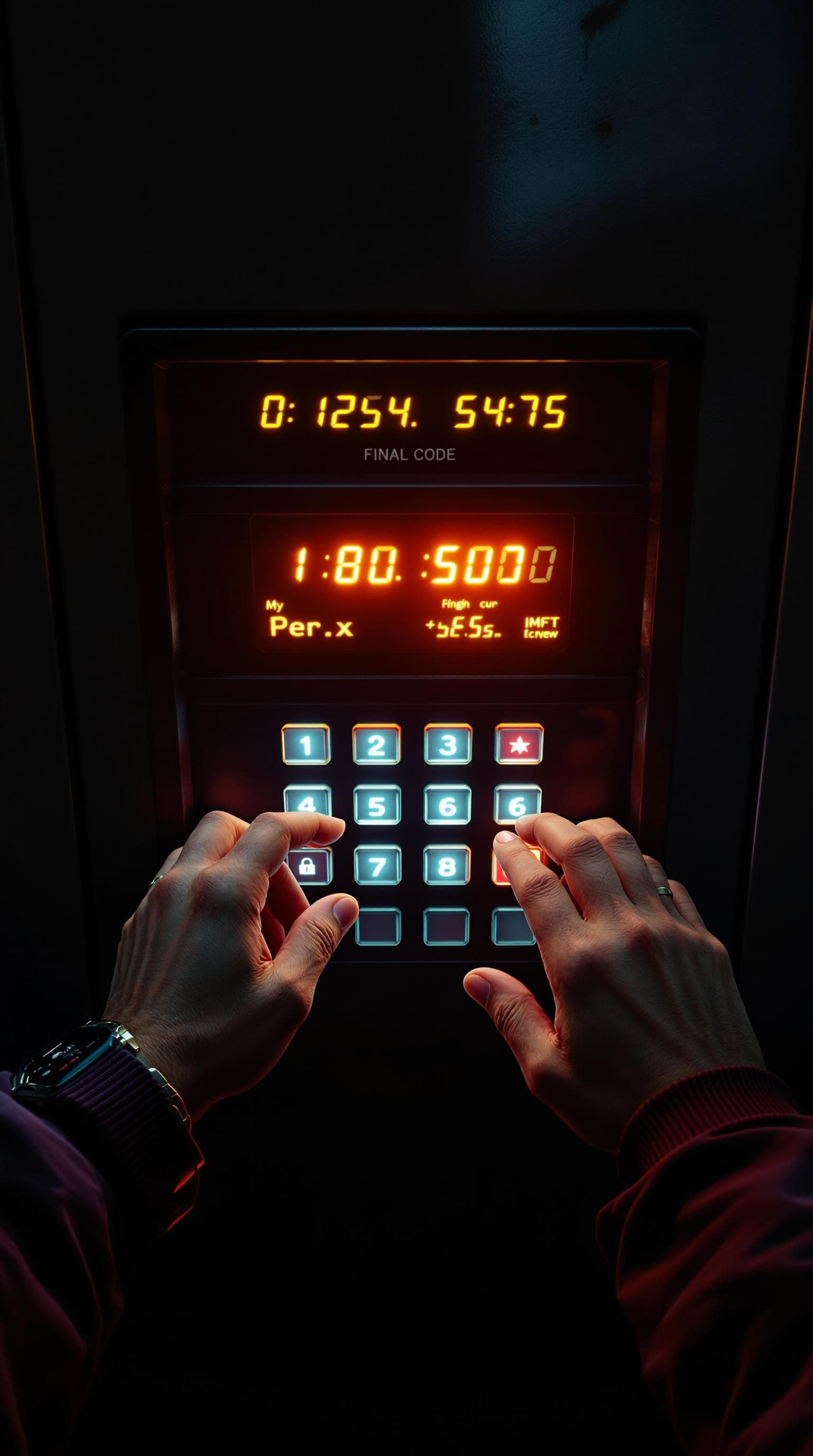 AI generated: "First-person perspective of a person standing in front of a secure terminal. Your hands hover over ...