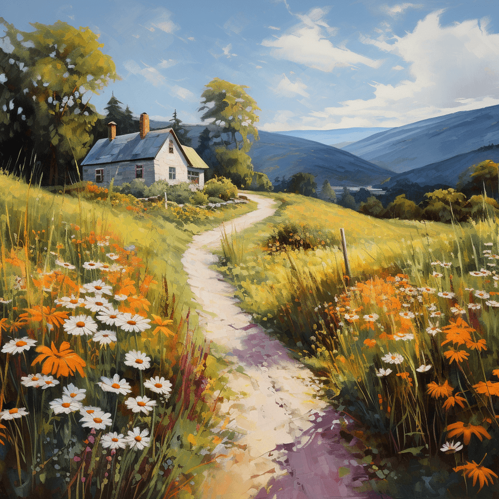 AI generated: Road, 

white cottage, 

mountain, 

flowers
