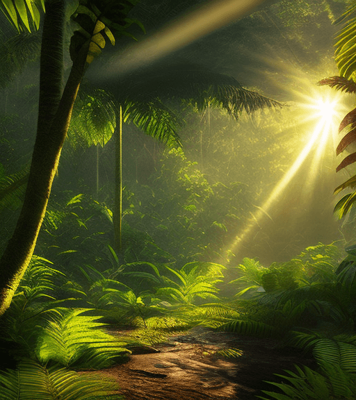 AI generated: ultra realistic photography, high definition, in the middle of the Amazon jungle, some rays of sunli...