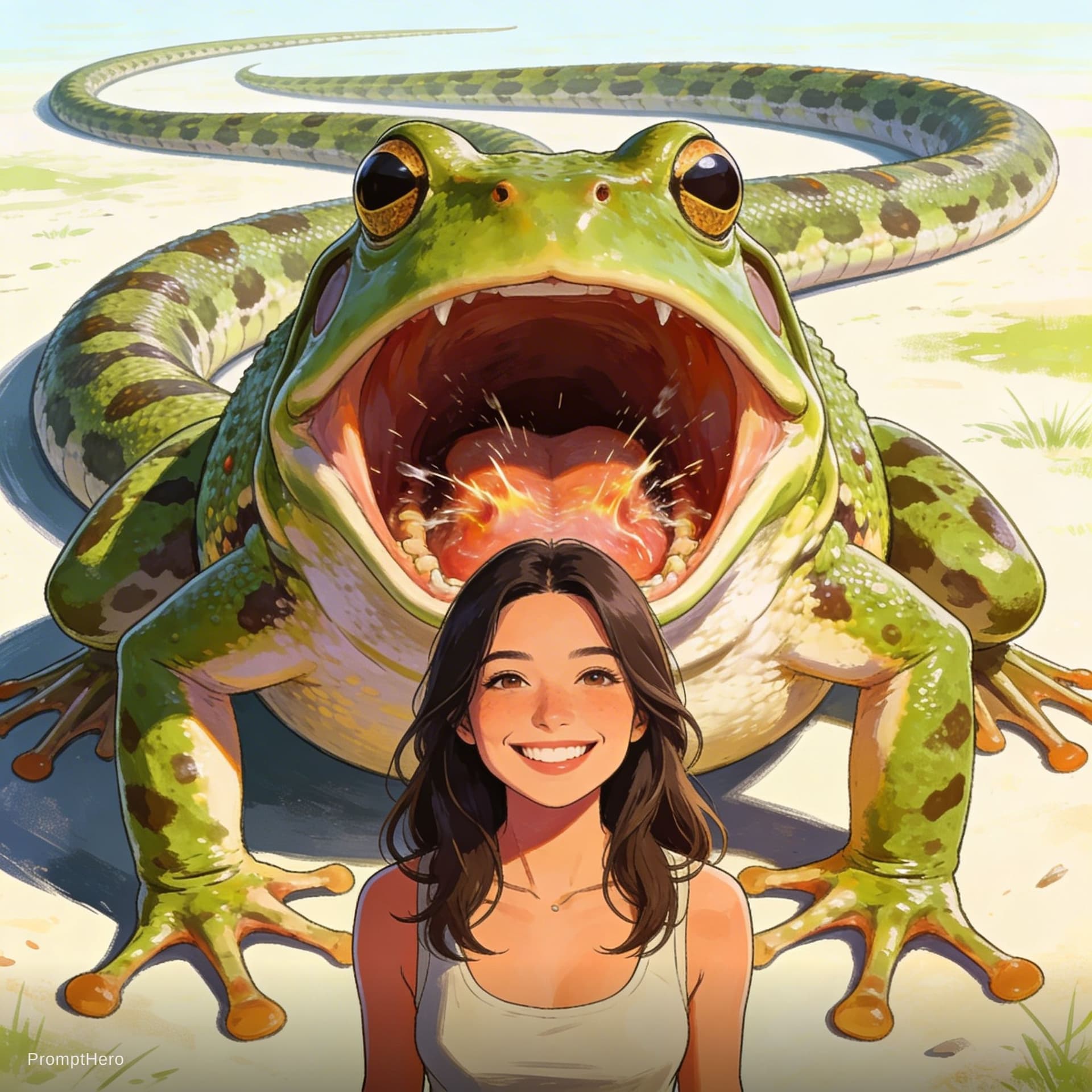 AI generated: A thirty metre long frog appears behind her, frog mouth open, she was smiling, frog's stomach was gr...