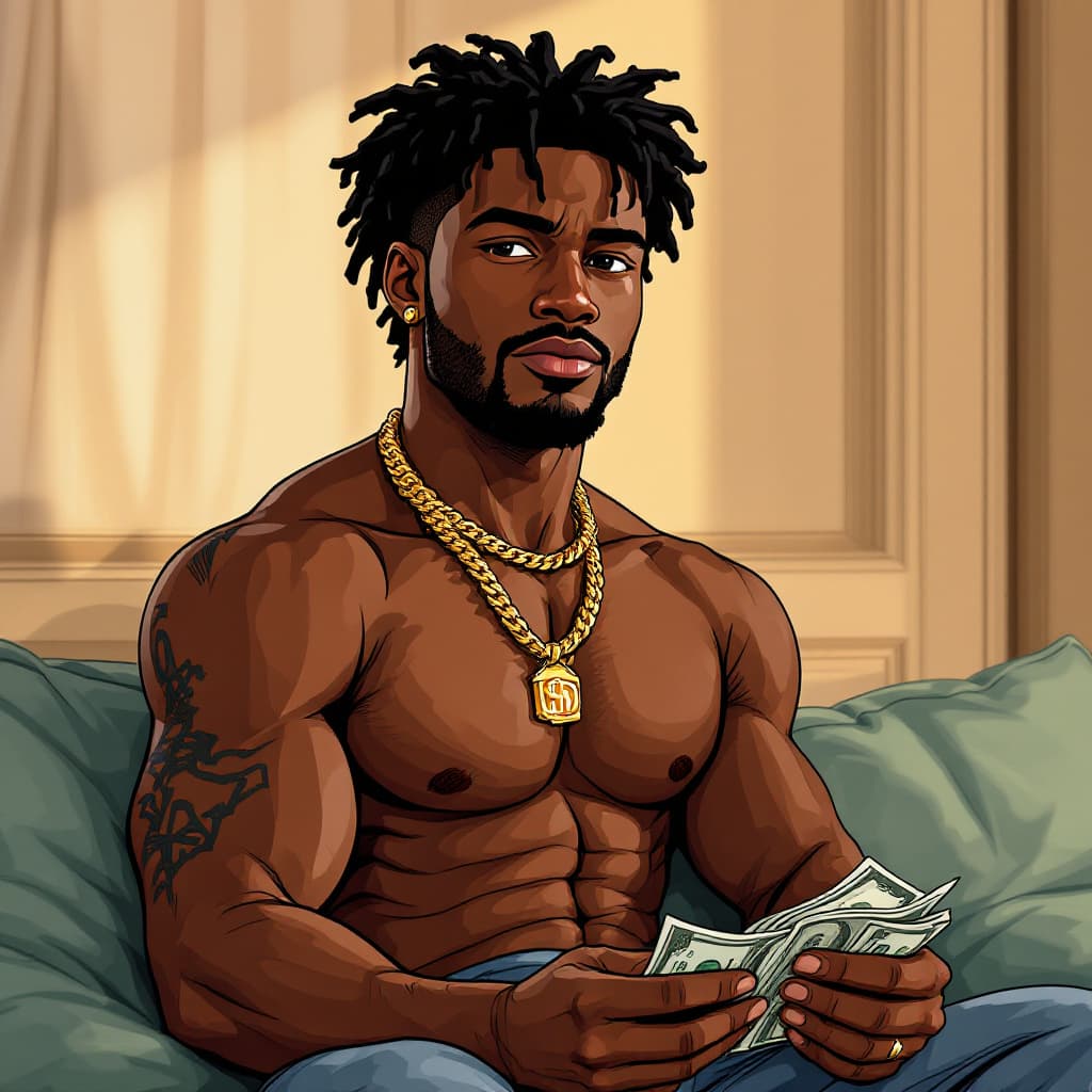 AI generated:  A shirtless black  man with gold chains around his neck,with short curly hair, medium build, holdin...