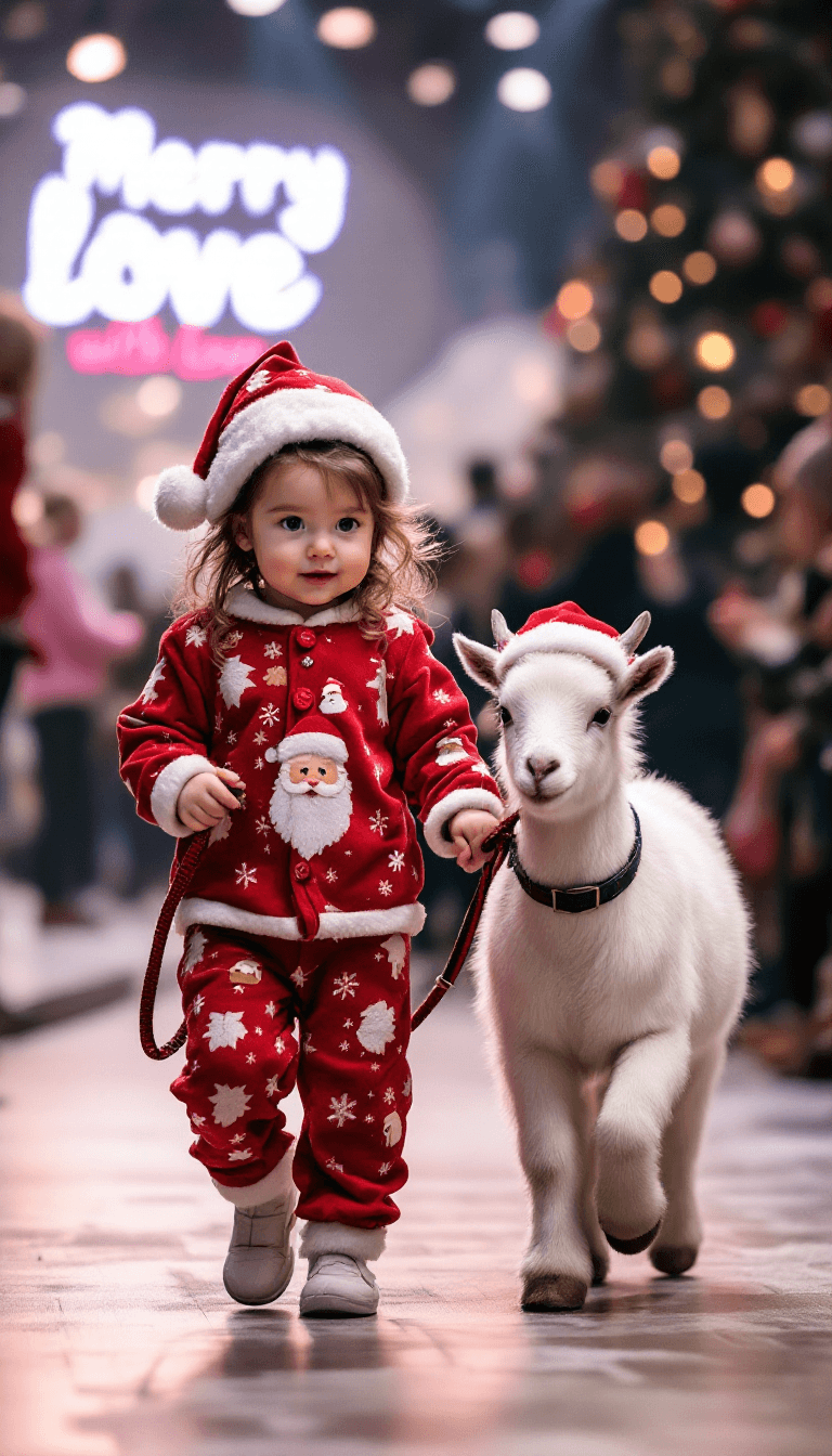 AI generated: A baby girl dressed in Santa Claus pajamas leads a pet manga white baby Horse on a leash while walki...