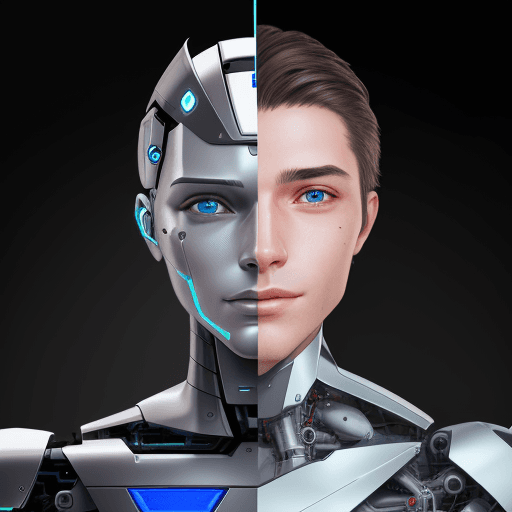 AI generated: Front view of the face of a half-human, half-machine robot with AI, with a side view of an AI-enhanc...