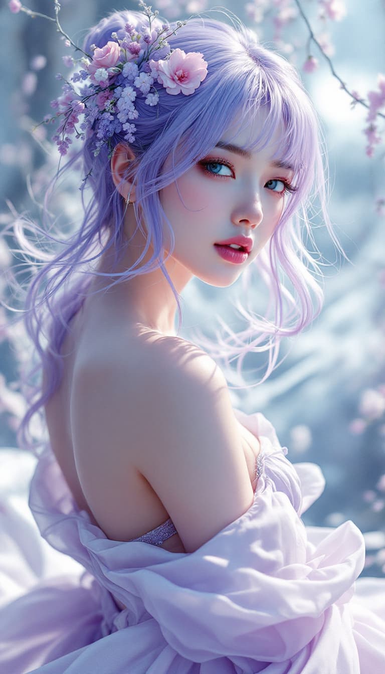 AI generated: A Korean idol, full body, hyper detailed pastel lavender hair, fashion model, flowing gown, draw by ...