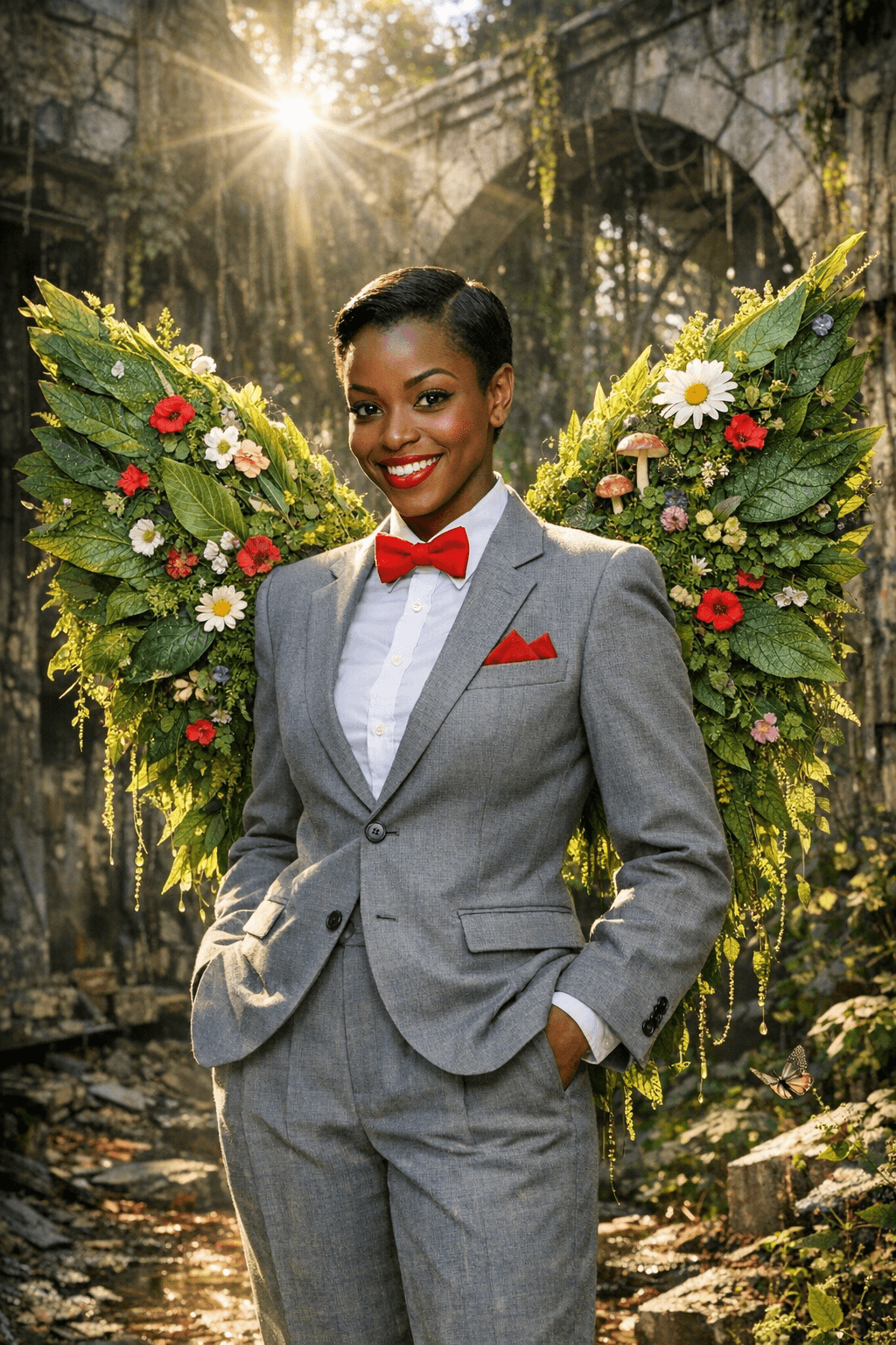 AI generated: ultra detailed photo shot of a black woman (Jia Lissa) dressed as peewee Herman, with wings made of ...