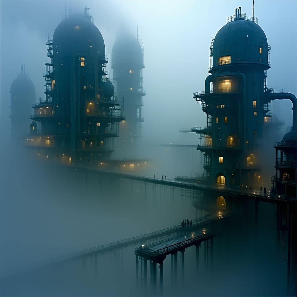 AI generated: image of a sci-fi industrial setting enveloped in thick fog, scene should depict towering structures...