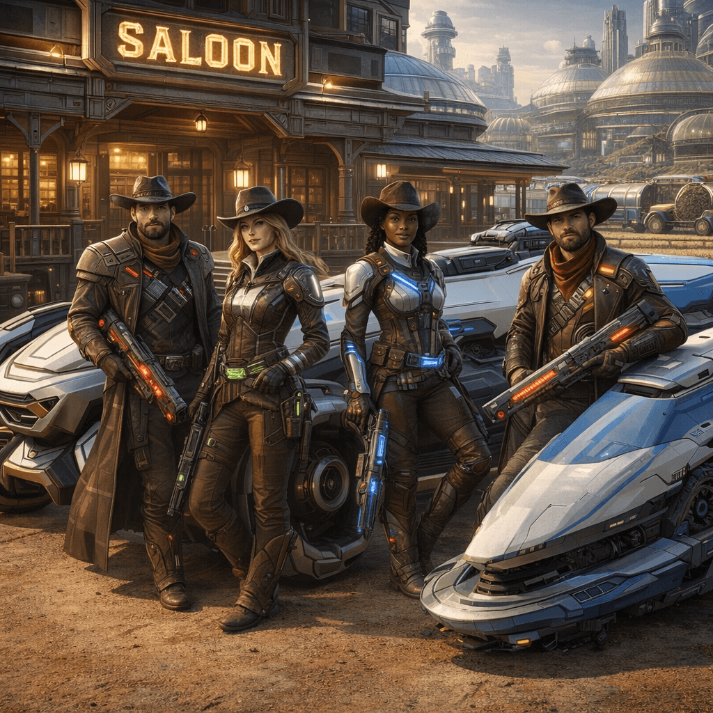 AI generated: Create an image of four futuristic, but different-looking, Human Cowboys and Cowgirls, posing comfor...