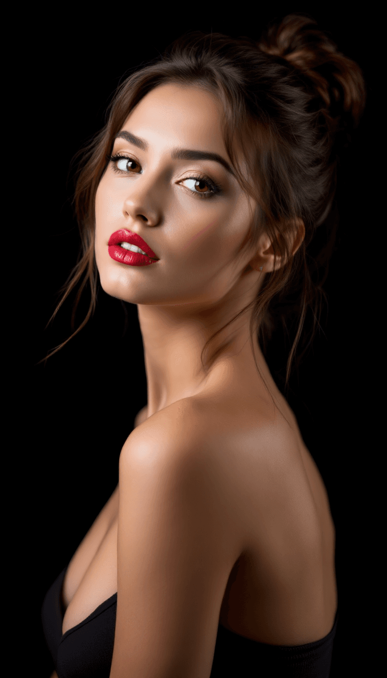 AI generated: A woman with fair skin, light red lipstick, and brown hair in a loose bun, wearing a black spaghetti...
