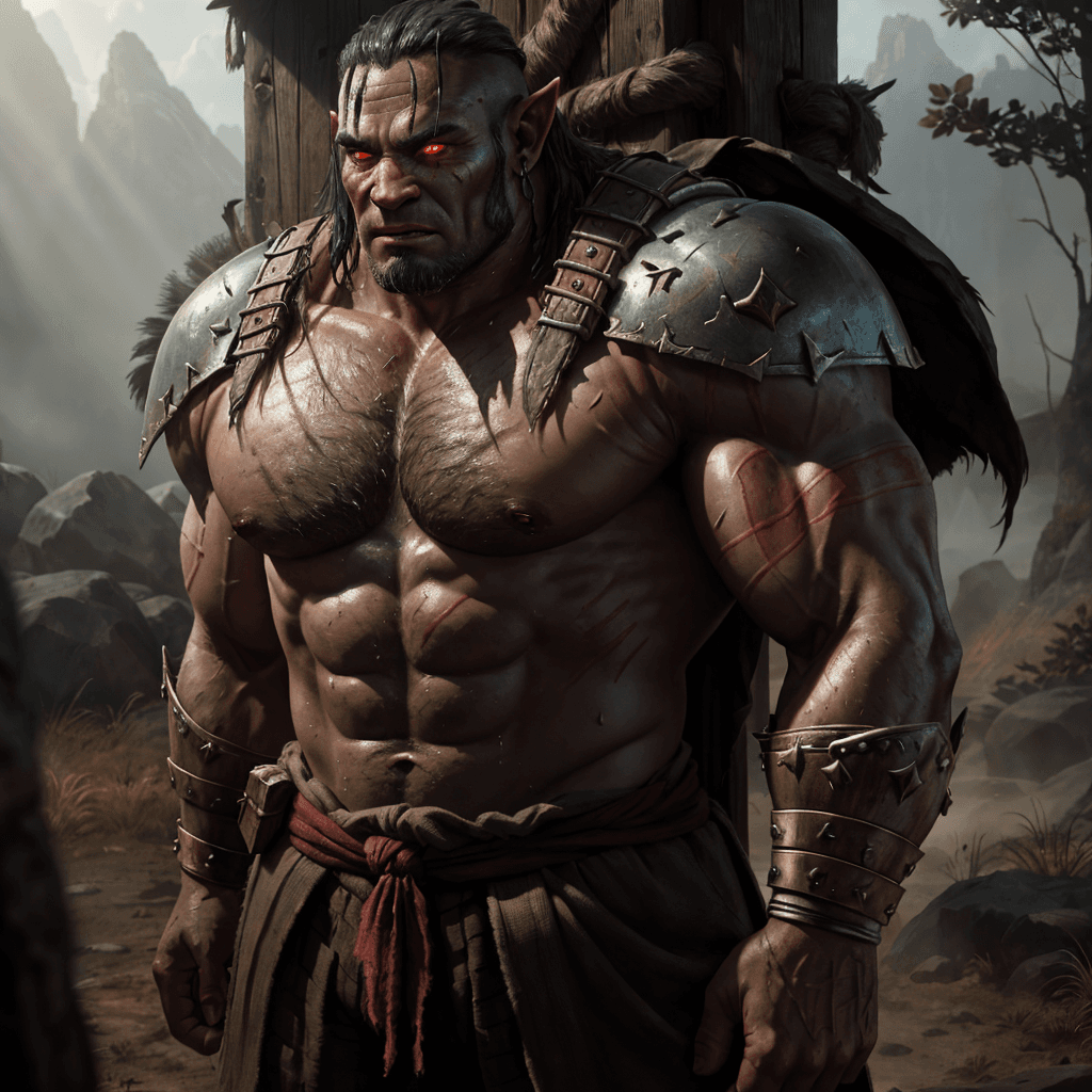 AI generated: a sweaty, shirtless orc warrior standing guard at an outpost, (masterpiece), 8k, epic, cinematic lig...