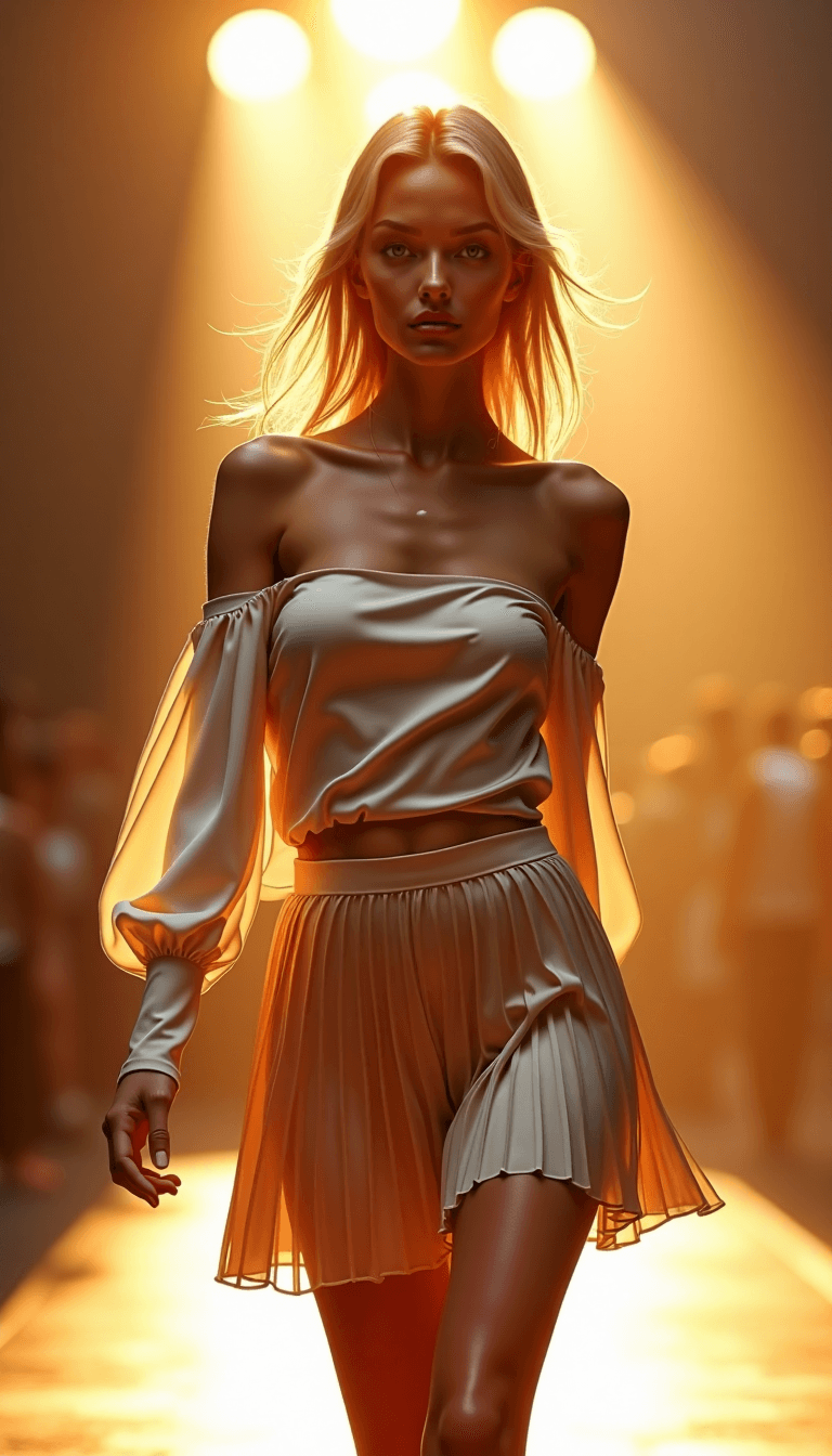 AI generated: A photorealistic full body image of a youngfemale Slavic fashion model wearing an off-the-shoulder t...