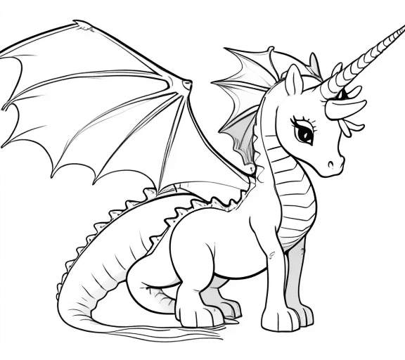 AI generated: cartoon baby dragon with unicorn body only the lines so i can paint it and fit the canvas with white...