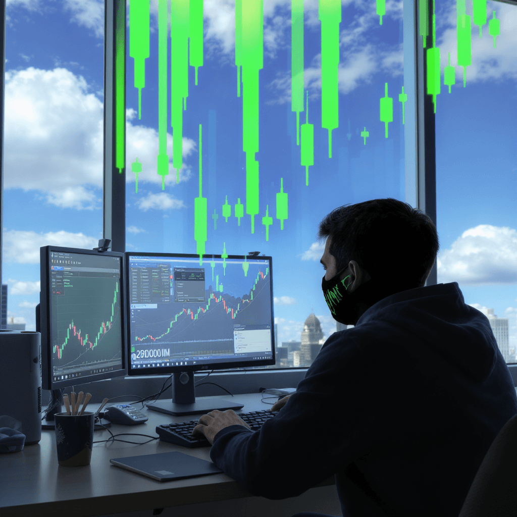 AI generated: a meme guy watching a monitor that shows the memecoins chart with green candles going out the monito...