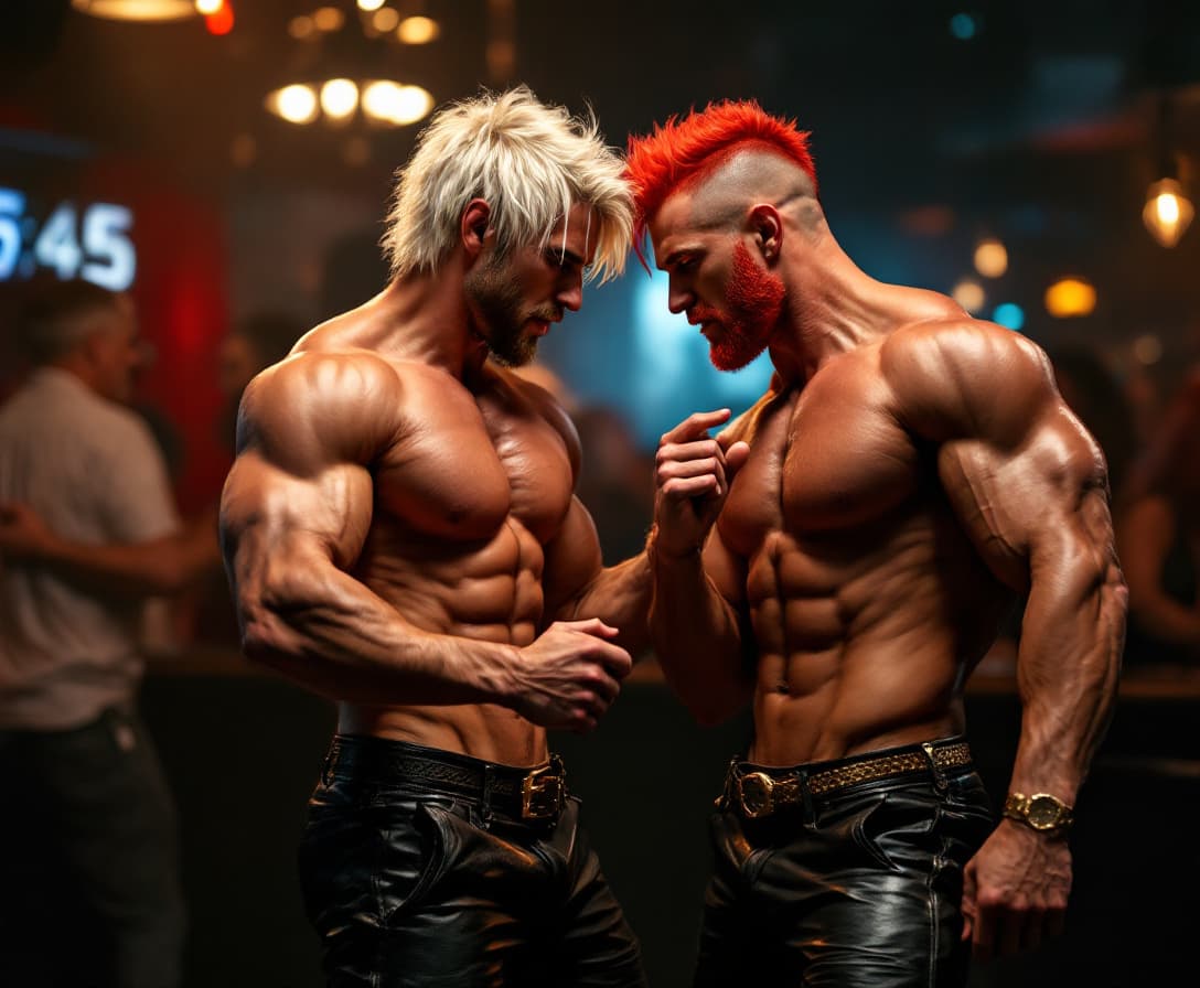 AI generated: high-resolution photo, full body standing, two muscular men, one with platinum blonde hair, one with...