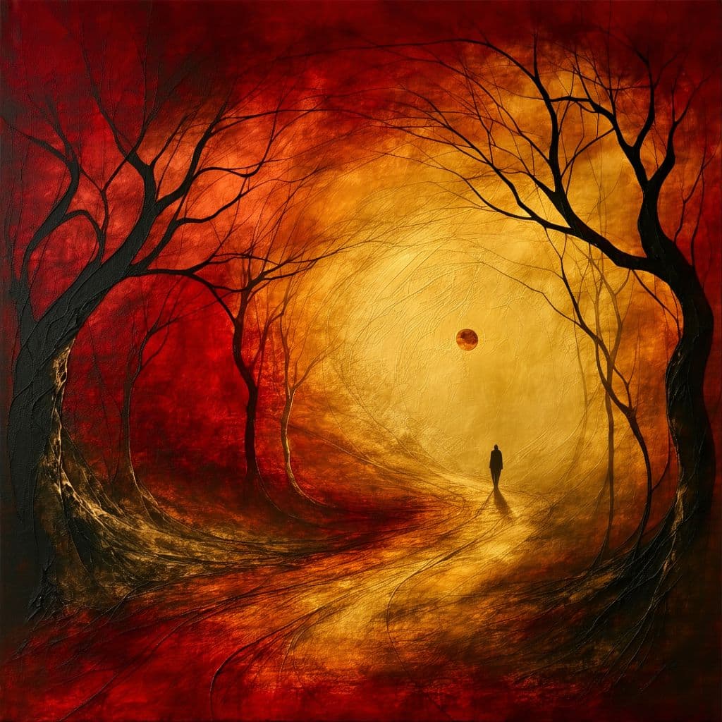 AI generated:  "Un lienzo oscuro con formas abstractas y texturas variadas. En el fondo, sombras profundas y luces...
