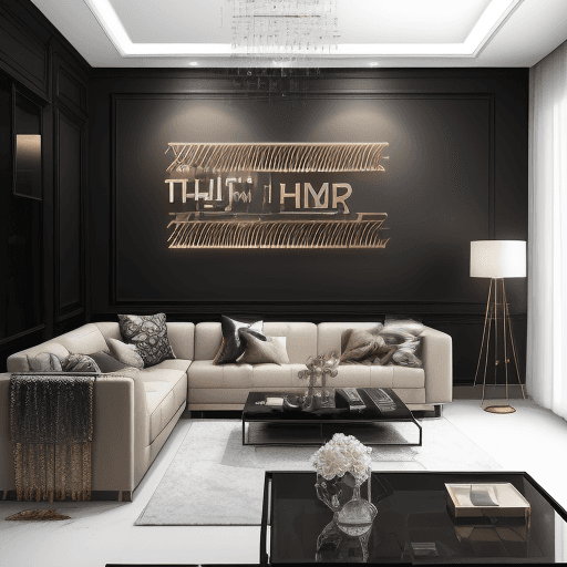 AI generated: A modern, stylish living room with a large, laser-cut metallic text 'Shit Happens' mounted on the wa...